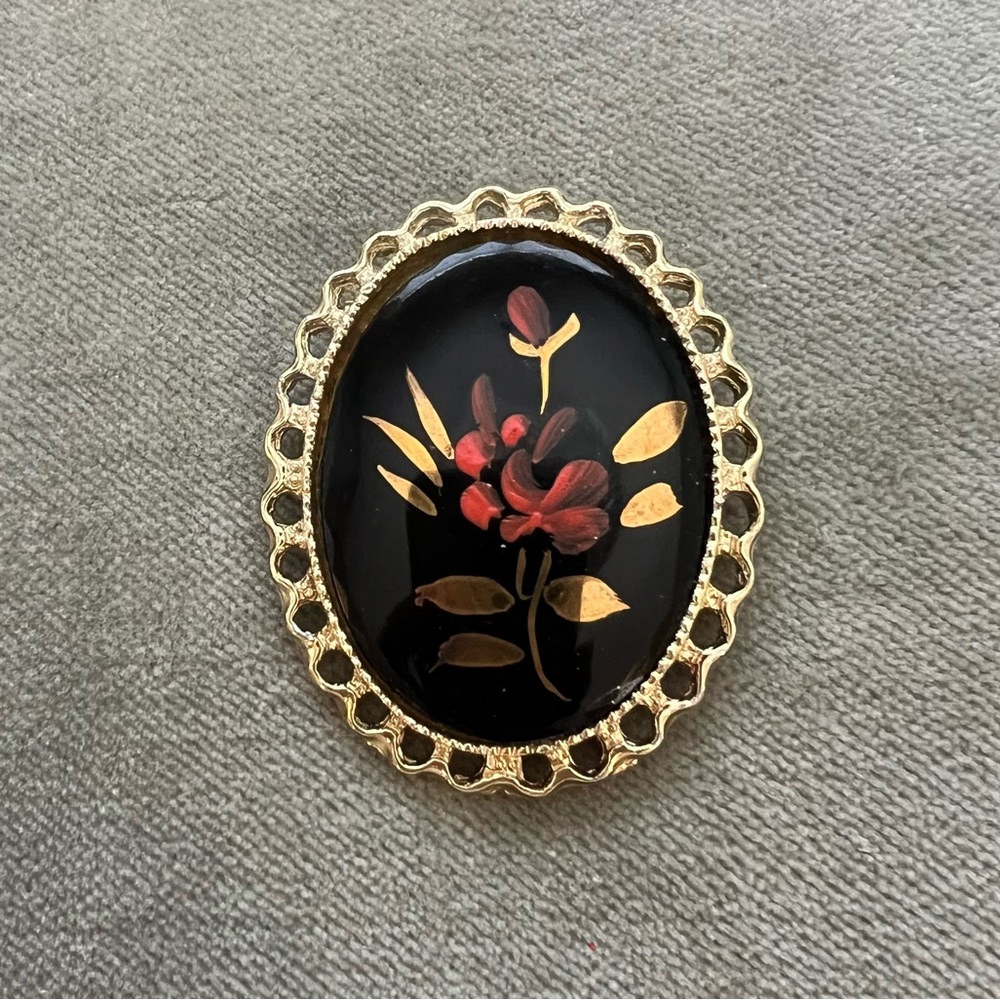 Vintage Hand Painted Black, Gold, Orange Oval Brooch
